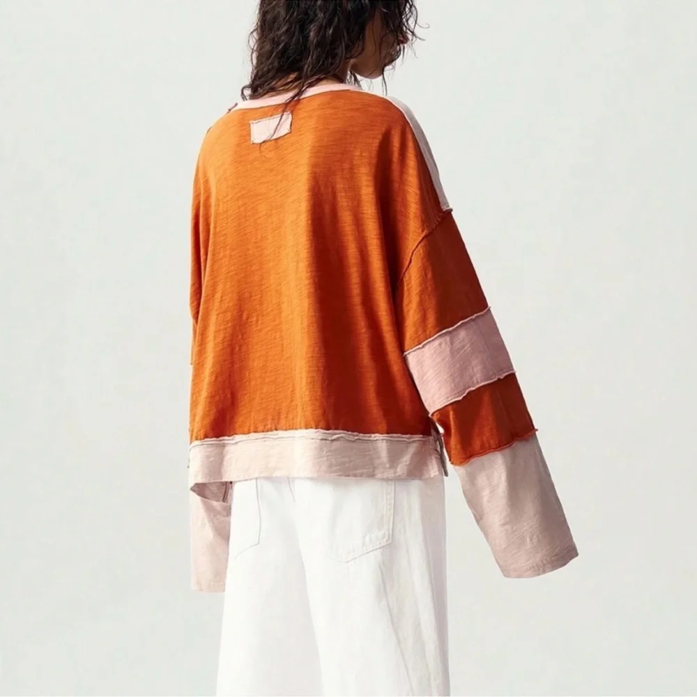 Boho Color Block Floral Patch Reverse Stitch Oversized Long Sleeve Top S M L XL - Picture 4 of 5